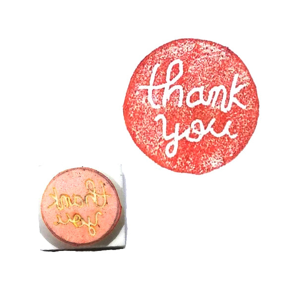 2 cm diameter round stamp with cursive "Thank you"